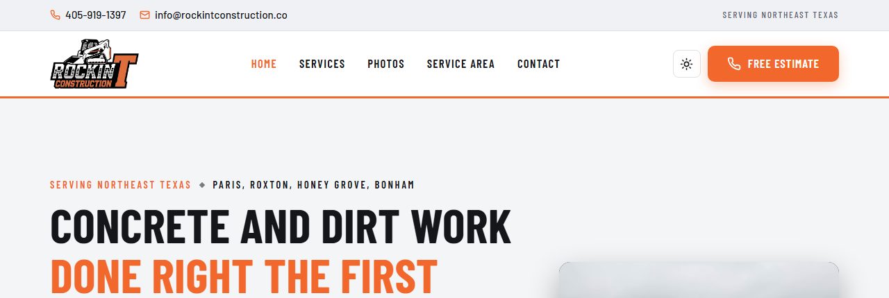Homepage of the Rockin T Construction website